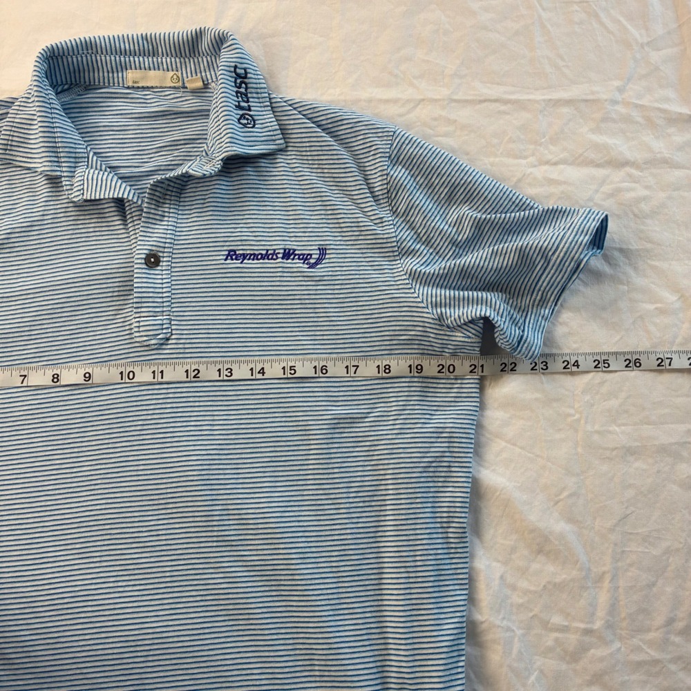 Tasc Performance Mens Polo Shirt Blue White Stripe Reynolds Wrap Logo Size M - Picture 6 of 9